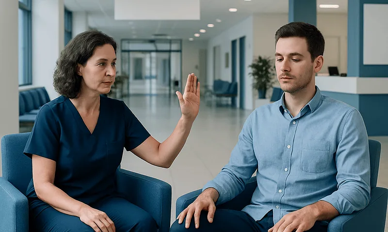 Therapist conducting EMDR therapy session with patient in hospital setting.