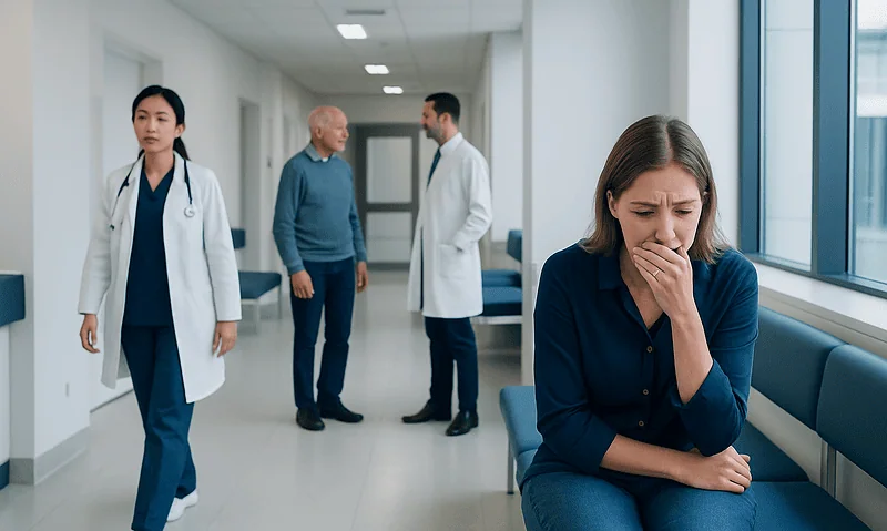 An anxious woman sitting in a hospital corridor with medical staff in the background.