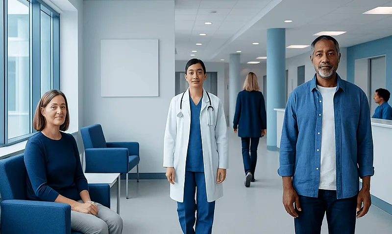 Diverse group of patients and healthcare professionals in a hospital corridor.