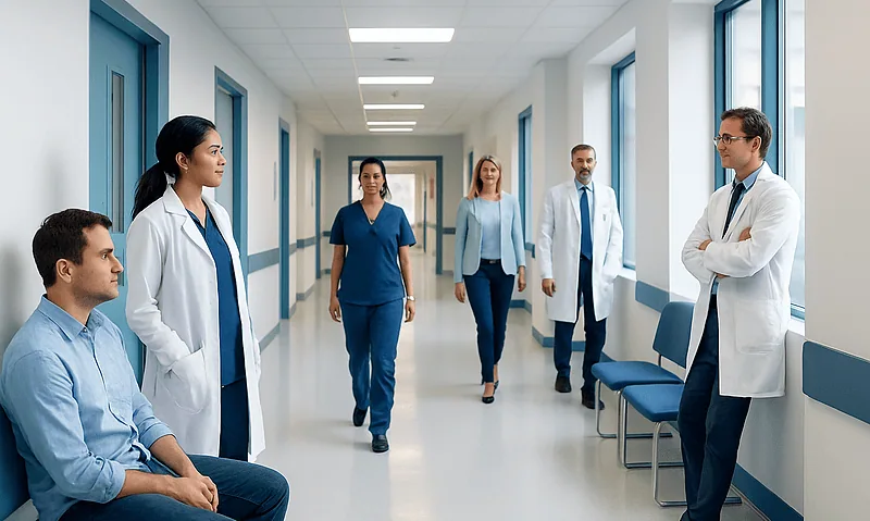 Medical team discussing patient care in hospital corridor at Acibadem Hospitals Group.