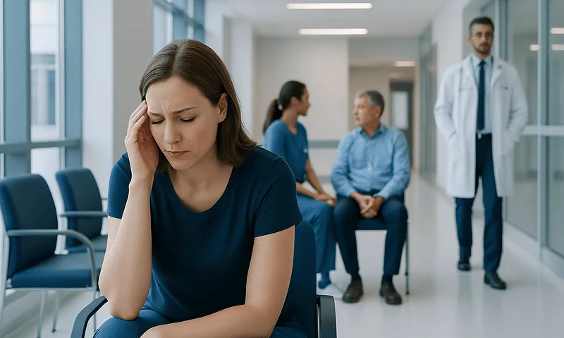Woman experiencing stress in a hospital waiting area with medical staff in background.