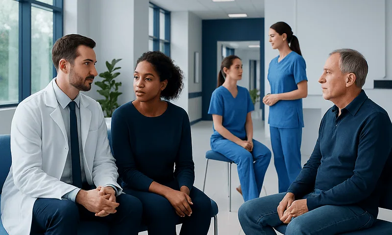 Healthcare professionals and patients in a counseling session at Acibadem Hospitals.