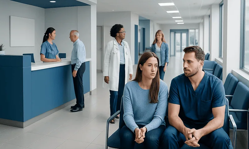 Patients waiting in a hospital corridor with medical staff nearby.