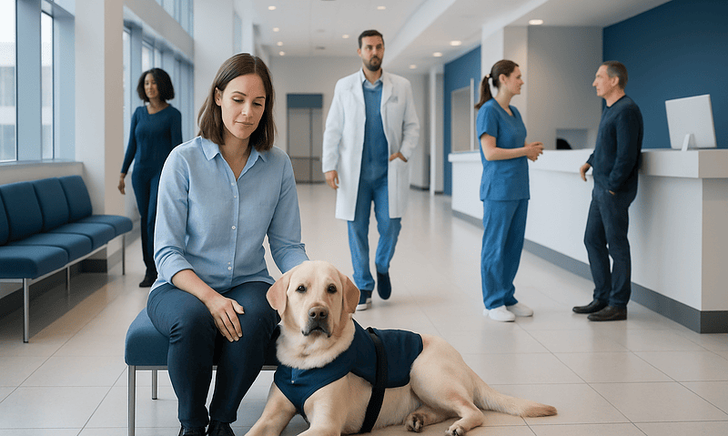 Woman with service dog in hospital waiting area with medical staff in background.
