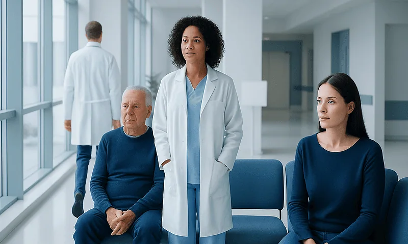 Medical professionals and patients in a hospital waiting area.