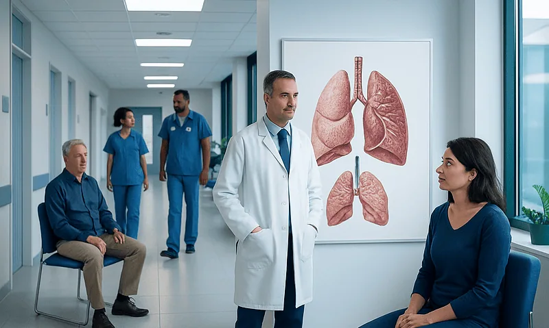Emphysema: A Complete Medical Overview 17 Doctor consulting a patient with a lung diagram in the hospital corridor.