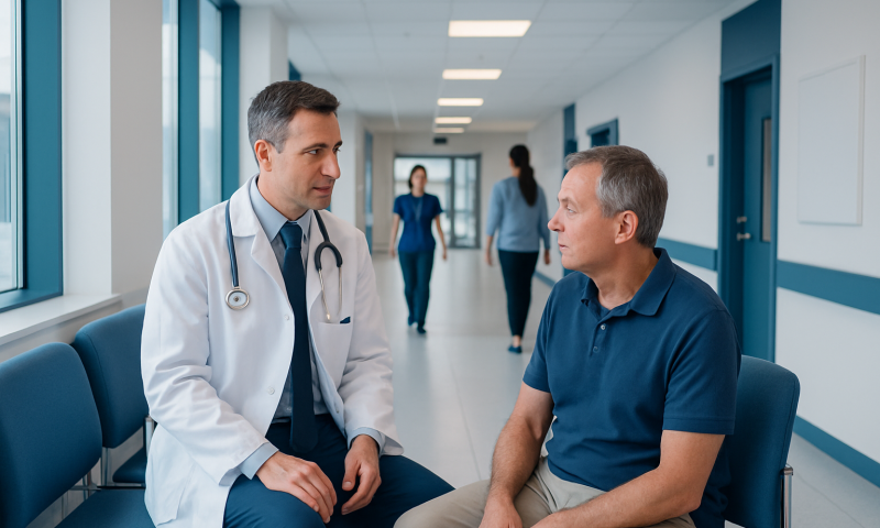 Doctor consulting with a patient in a hospital corridor.