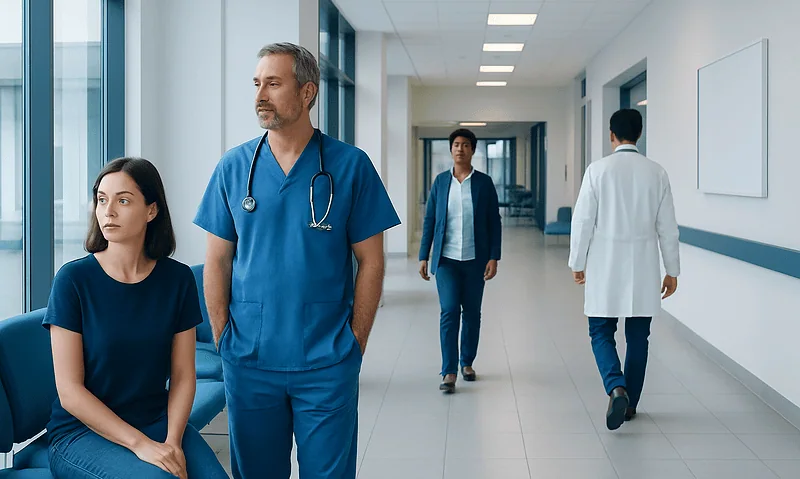 Medical staff and patient in hospital corridor at Acibadem Hospitals Group.