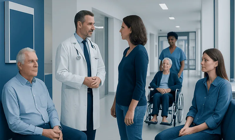 Doctor consulting with female patient in hospital corridor with elderly patients.