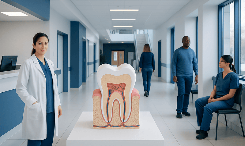 Dental clinic with a tooth model and healthcare professionals in a modern hospital corridor.