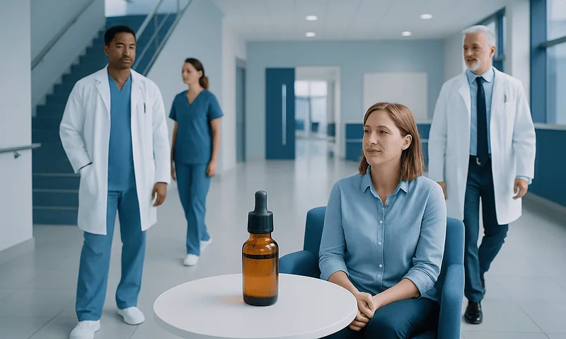 Encens Oil: An Evidence-Based Guide for Patients 6 Patient in hospital with medical staff and essential oil bottle on table.