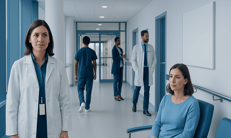 Medical team in hospital corridor with patient in waiting area.