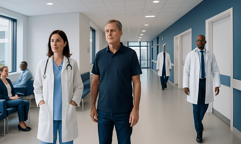 Medical professionals and patients in a hospital corridor at Acibadem Hospitals Group.