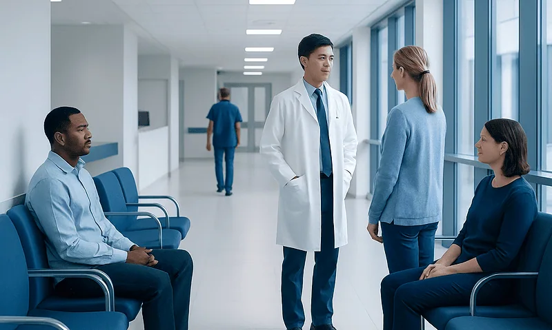 Medical consultation in a hospital corridor with healthcare professionals and patients.
