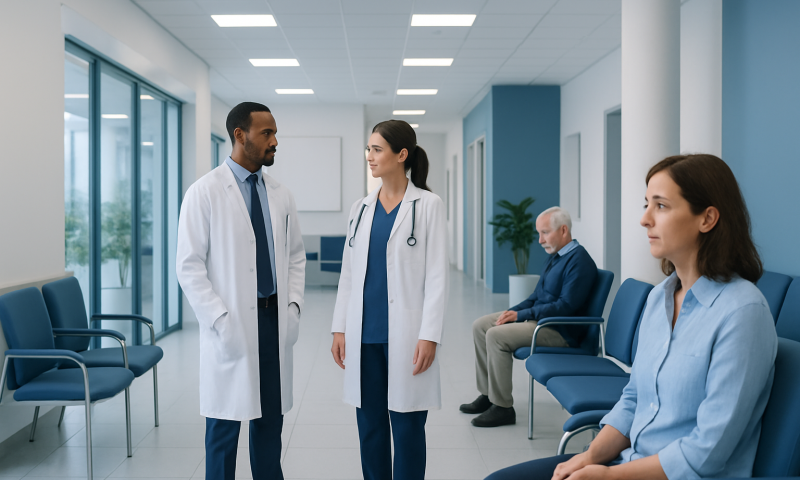 Medical professionals discussing patient care in hospital corridor.
