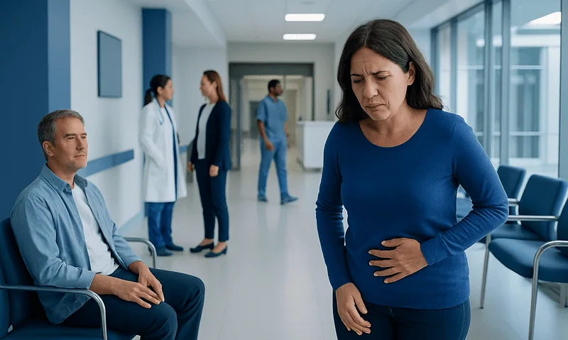 Endometrial Cancer Symptoms Explained: Common Triggers and Red Flags 2 Woman experiencing abdominal pain in hospital corridor with medical staff nearby.