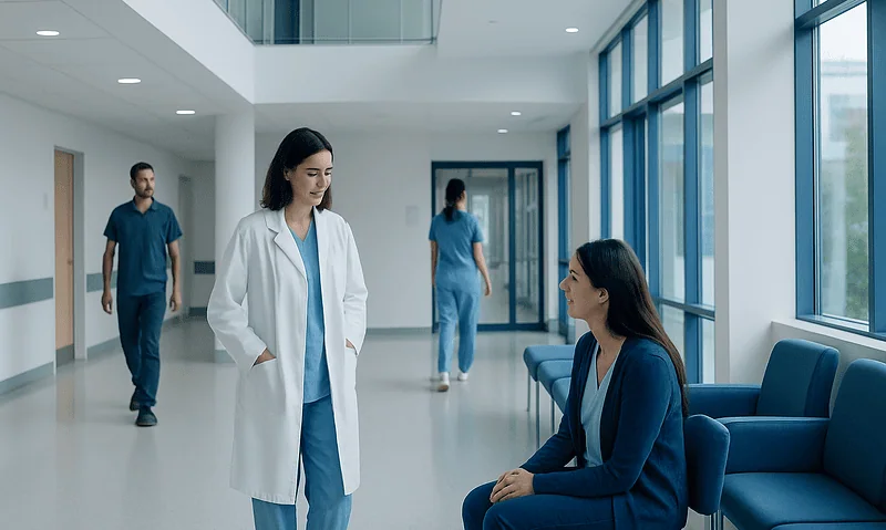 Healthcare professionals in a modern hospital corridor.
