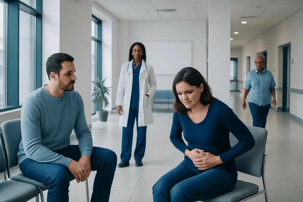 Endometriosis Symptoms Explained: Common Triggers and Red Flags 1 Woman experiencing abdominal pain during medical consultation at Acibadem Hospital.