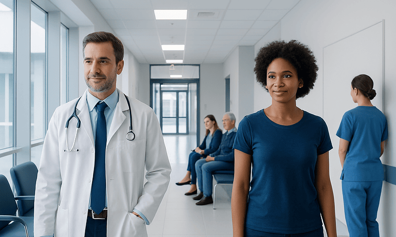 Medical professionals and patients in a hospital corridor at Acibadem Hospitals Group.