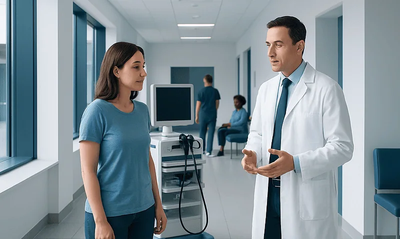 Doctor discussing with patient in hospital corridor with medical equipment nearby.