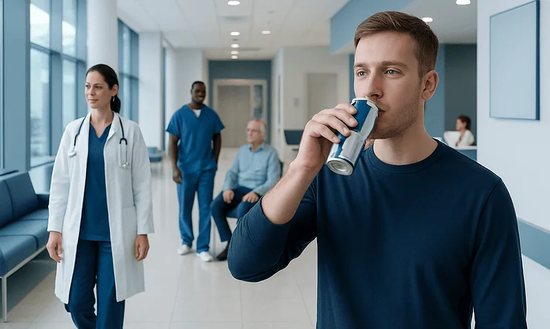 Young man drinking energy drink in hospital corridor with medical staff.