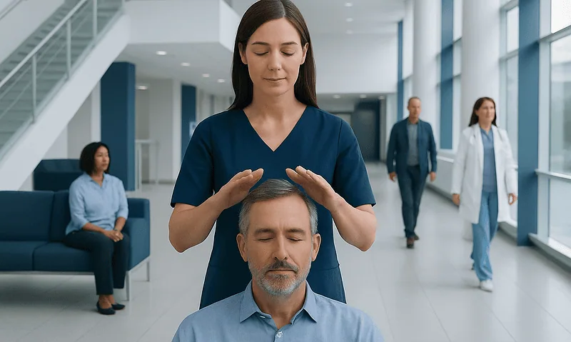 Healthcare professional performing energy healing on patient in hospital lobby.
