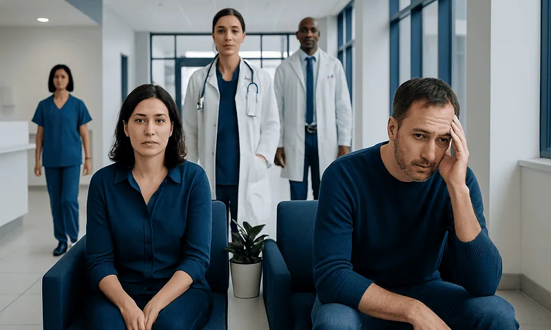 Concerned man in a medical setting with healthcare professionals behind him.
