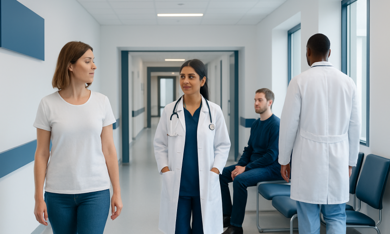 Medical professionals and patient in hospital corridor at Acibadem Hospitals Group.