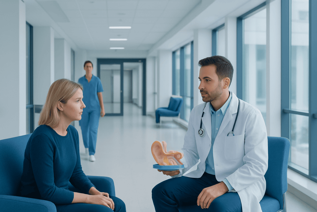 Ent product: Symptoms, Causes, and Treatment — Complete Patient Guide 1 Doctor explaining treatment options to a patient in a hospital corridor.