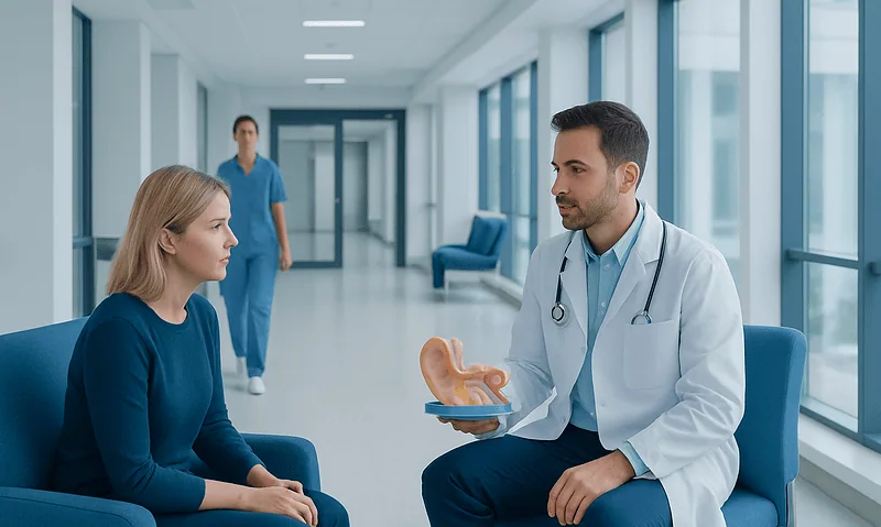 Doctor explaining treatment options to a patient in a hospital corridor.
