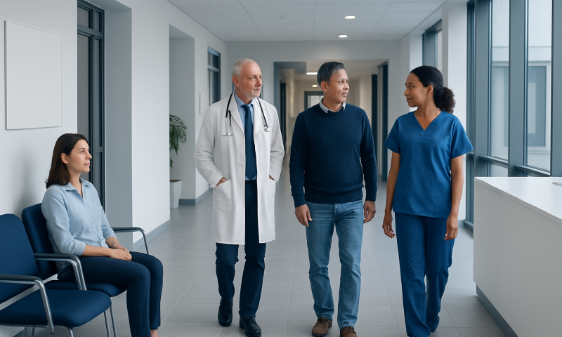 Medical team walking in hospital corridor with patient sitting nearby.