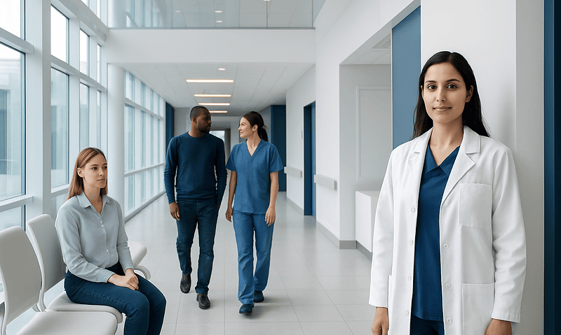 Healthcare professionals and patient in a modern hospital corridor.
