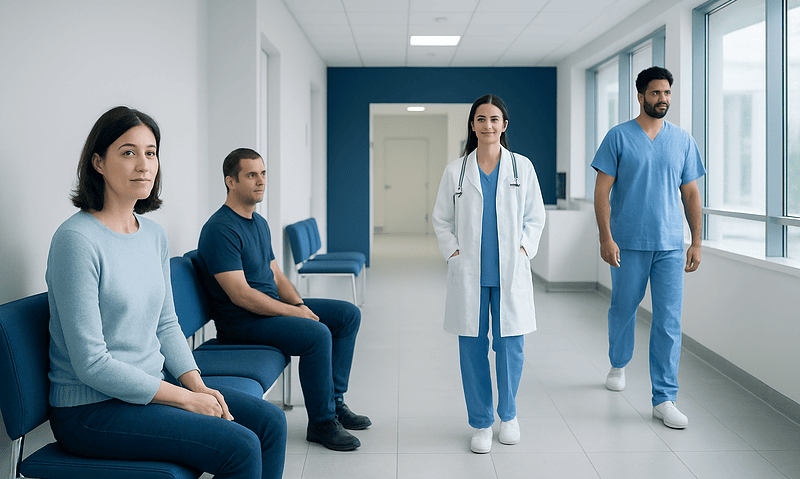 Medical team and patients in a hospital corridor at Acibadem Hospitals Group.
