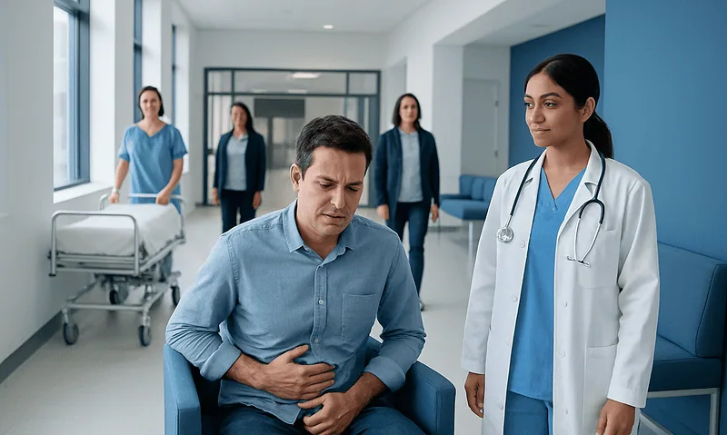 Patient experiencing abdominal pain in hospital corridor with medical staff nearby.