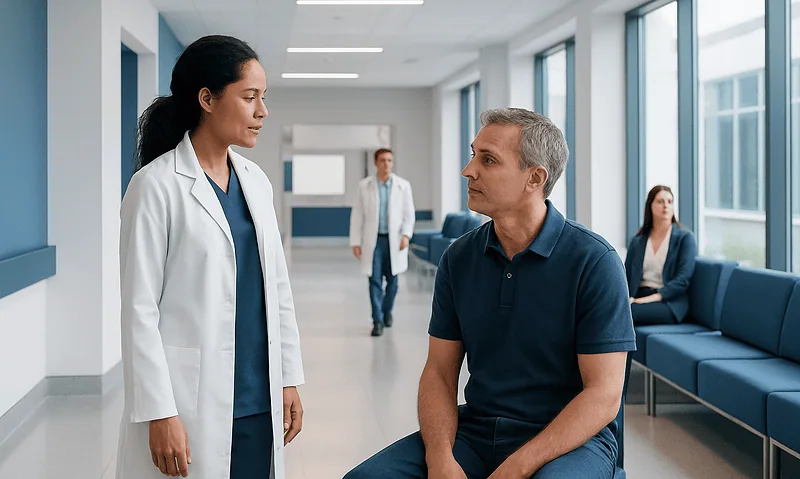 Doctor consulting patient in hospital corridor.