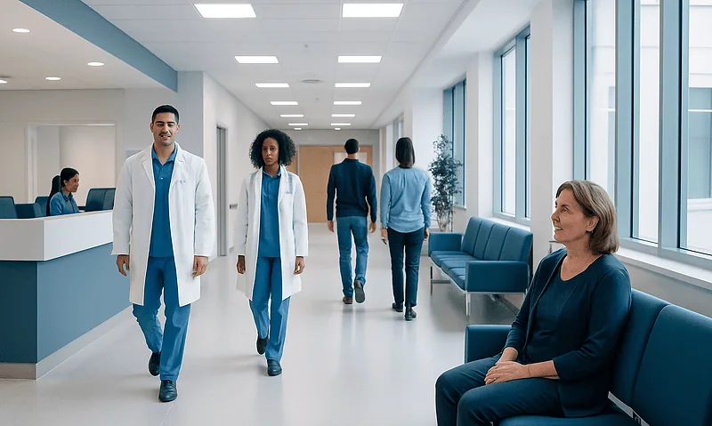 Healthcare professionals walking in hospital corridor with patient sitting nearby.