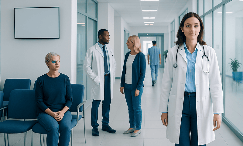 Medical team in hospital corridor with patient waiting area.