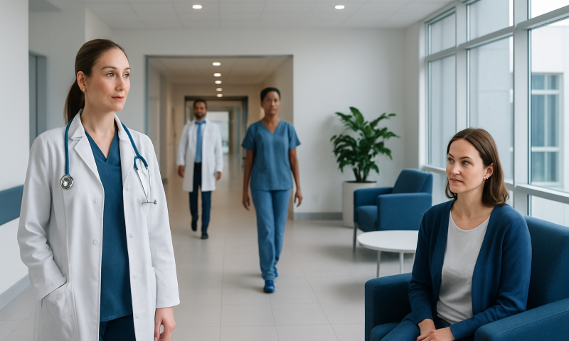 Medical professionals in a hospital corridor with a patient sitting nearby.