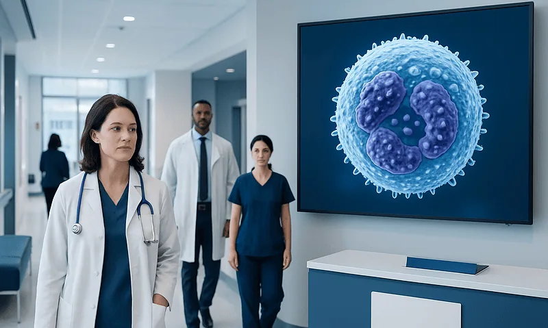 Medical team reviewing a digital cell image in a hospital corridor.