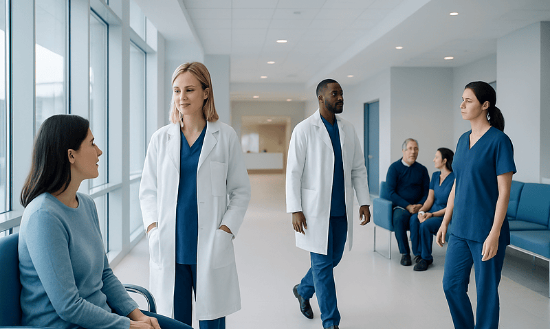 Medical team consulting patient in hospital corridor.