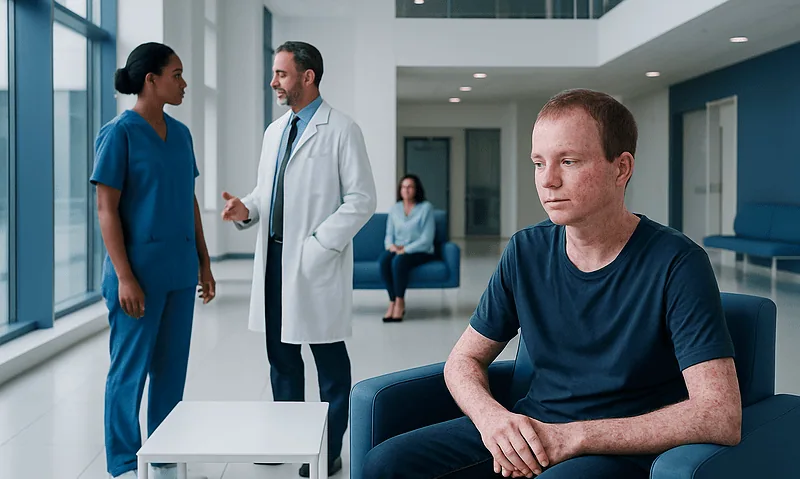 Medical consultation in a modern hospital with healthcare professionals and a patient.