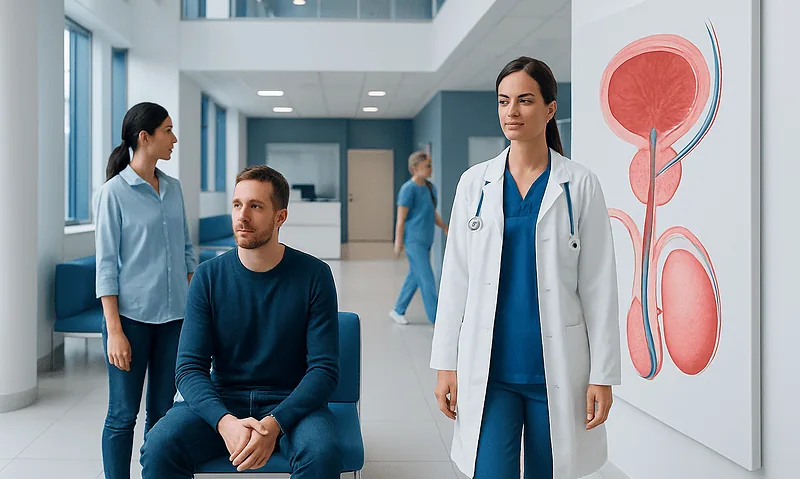 Urologist consulting with patient in hospital corridor with anatomical diagram.