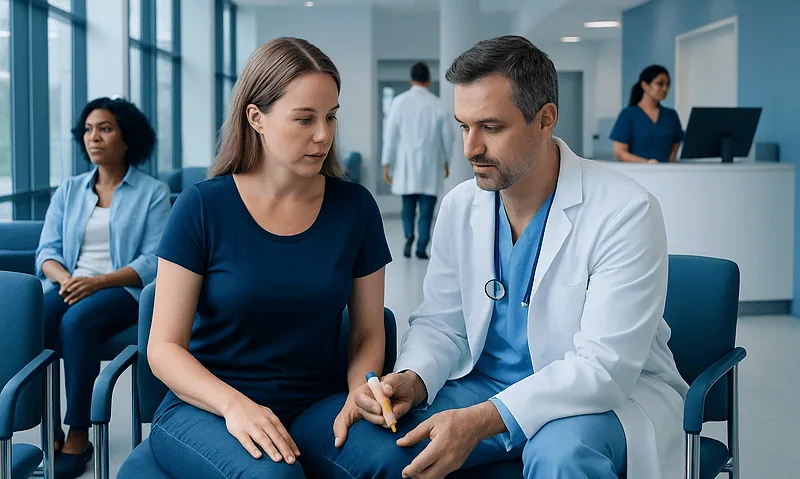 Doctor explaining medication to a patient in a hospital waiting area.