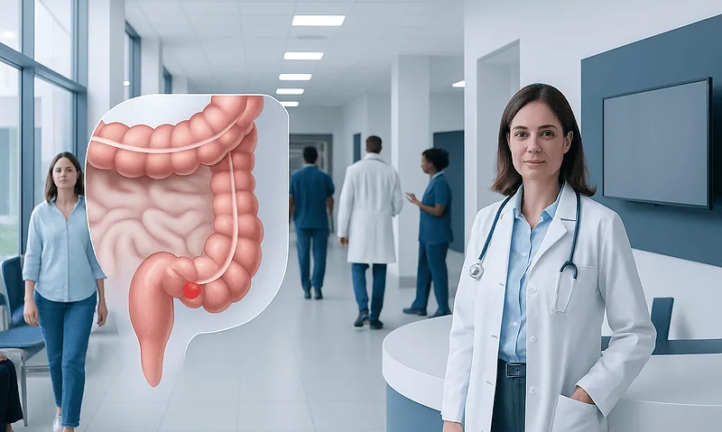 Medical professionals in a hospital corridor with a digital colon illustration.