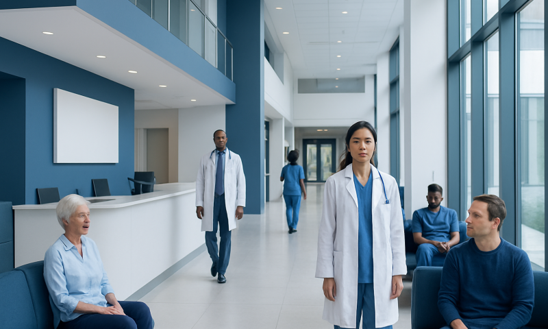 Modern hospital corridor with medical staff and patients in a healthcare setting.