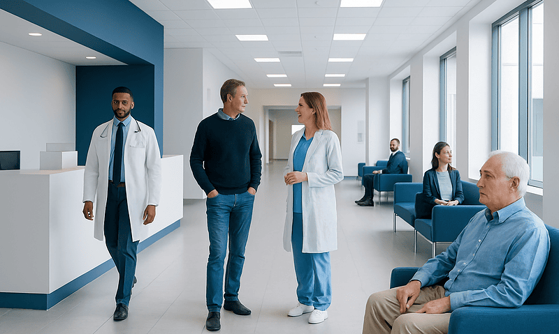 Medical professionals and patients in a modern hospital waiting area.