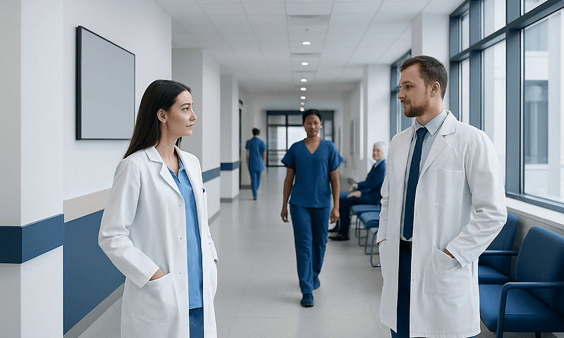 Doctors and nurses in hospital corridor engaging in discussion.