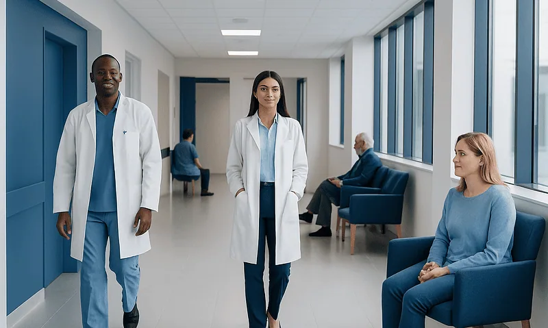 Medical professionals and patients in a modern hospital corridor.