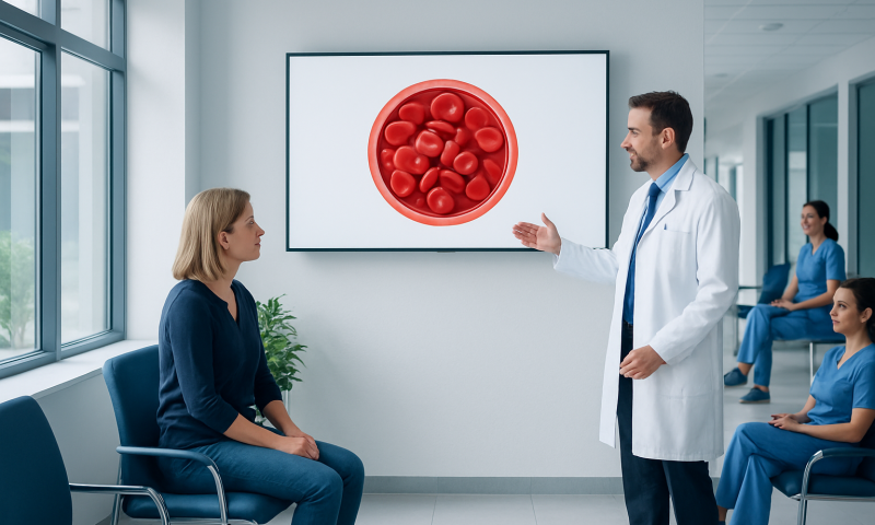 Doctor explaining erythrocytes to patient in hospital setting.