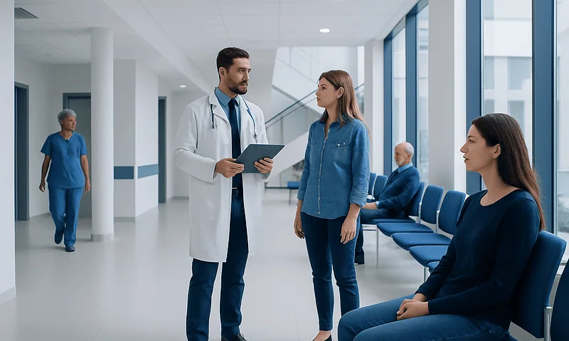 Doctor consulting with patient in hospital corridor at Acibadem Hospitals Group.